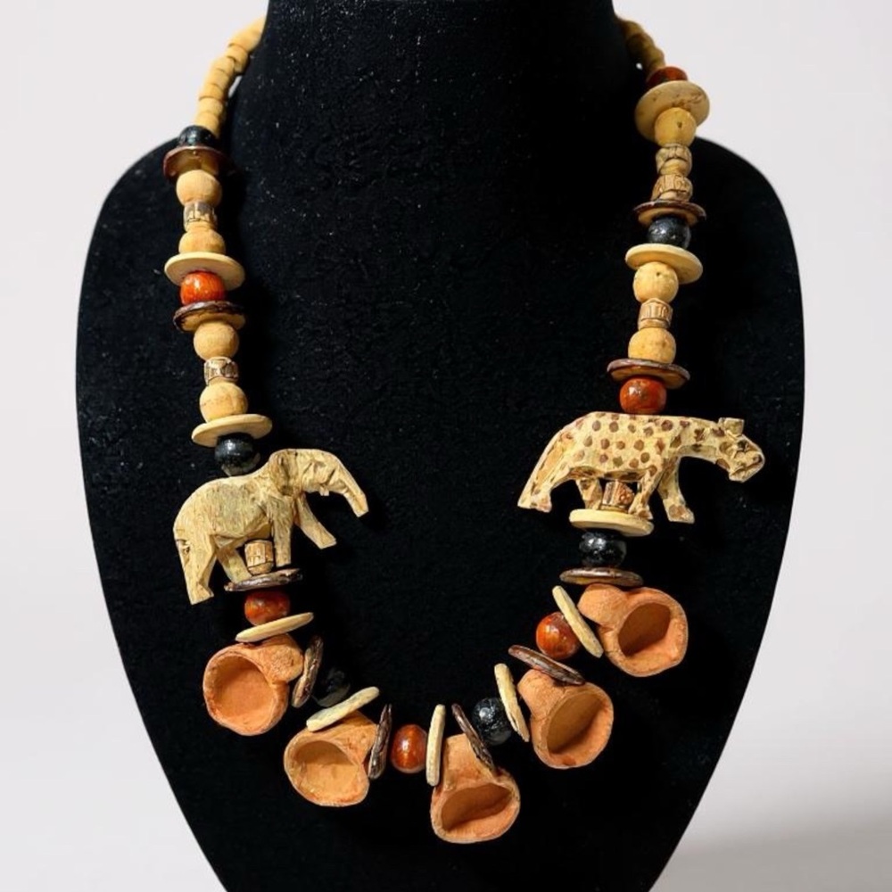 Cream and Brown Tribal Elephant Necklace